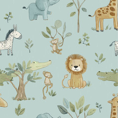 Fototapeta premium Safari animals pattern with giraffes, elephants, and lions on a light blue background. Cute cartoon jungle animals seamless pattern