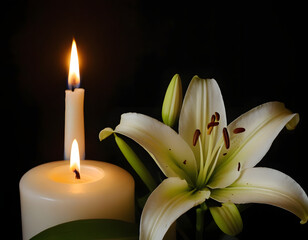 Beautiful lily and burning candle on dark background with space for text. Funeral white flowers. white lily on black background with candle burning