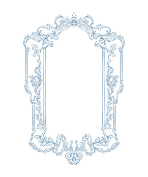 Vintage frame. Classic Baroque frame for wedding invitation decor, greeting card, book cover, and save the date. Whimsical Victorian frame, ornate with linear hand drawn acanthus leaves and florals.