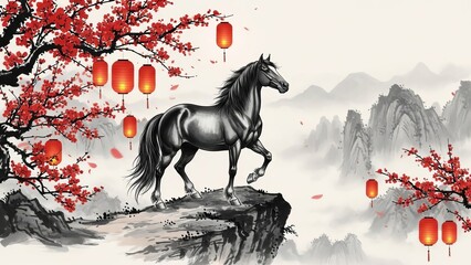 A majestic black horse standing on a rocky outcrop surrounded by red lanterns and blossoms in a misty mountain landscape