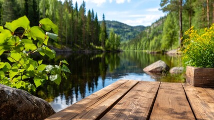 Obraz premium Tranquil Scandinavian Lakeside Scene with Wooden Pier under Blue Sky and Green Trees