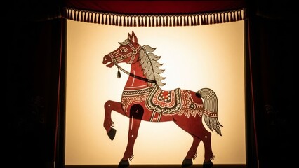 A decorated horse shadow puppet performance on a lit stage viewed from the audience perspective