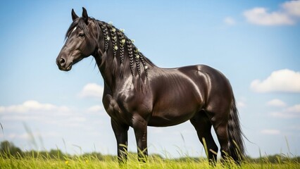 A majestic black horse stands proudly in a lush green meadow under a clear blue sky with white clouds