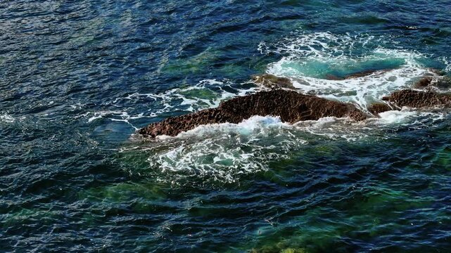 Waves swirling around solitary rock formation at Siccar Point on North Sea in Scotland. Tides foaming over barnacle covered outcrop in clear water. Currents spinning past rough stone in turquoise