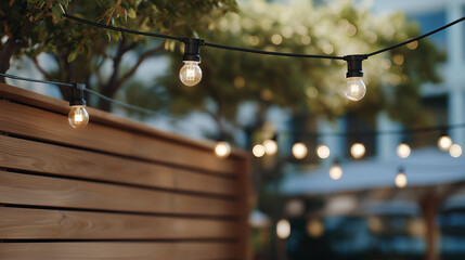 An outdoor patio presents a durable wall mount holding string lights, enhancing the ambiance for evening gatherings and creating a cozy atmosphere with a touch of elegance and charm. cinematic