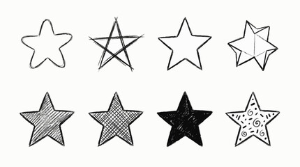 Obraz premium Star Shape Vector Icon Set – 8 Artistic Black-and-White Outlined and Filled Stars for Design, Pattern Recognition, and Decorative Illustration Use
