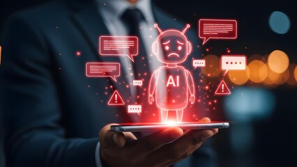 Man in suit holding tablet with futuristic AI concept and communication icons