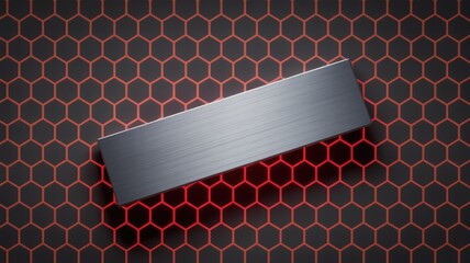 A brushed metallic rectangular bar on a dark background with a glowing red hexagonal grid pattern.