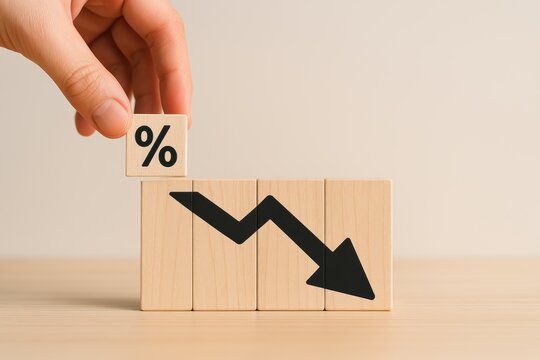 Navigating Economic Trends: A hand strategically places a percentage symbol block onto a stack of wooden blocks depicting a downward arrow, symbolizing economic downturn or financial decline.