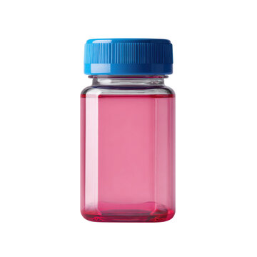 A small glass bottle with pink liquid and a blue cap on a black background