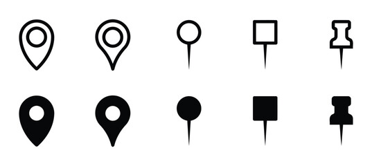 Set of location icons in vector map pointer and gps navigation as pin marker and point sign on map with position symbol for navigation and direction