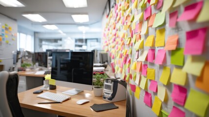 Colorful sticky notes in modern office workspace with computers and natural light.
