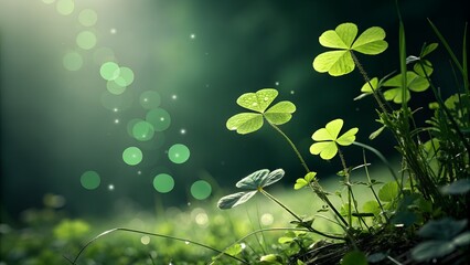 Lucky four leaf clover in dewy morning light