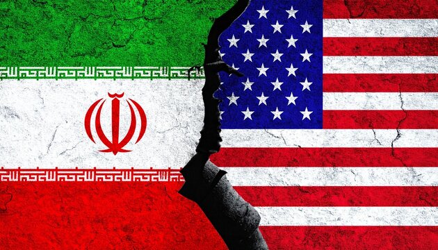 "Flags of Iran and the United States separated by a jagged crack, symbolizing division, conflict, and strained diplomatic relations against a stark contrasting background."