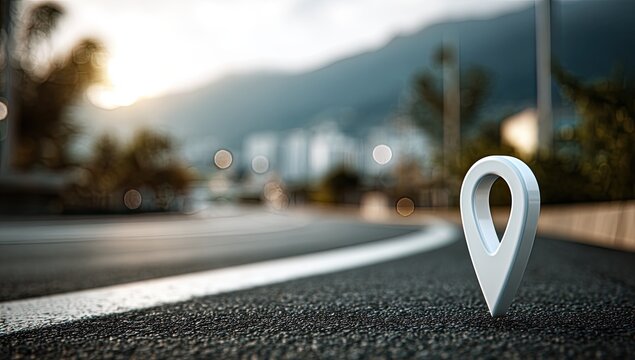 A 3D map pin icon rests on a textured asphalt road with a blurred cityscape background