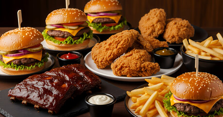Commercial food display featuring burgers topped with cheese, fried chicken portions, sauced ribs, and French fries served on plates against a dark background for marketing layouts.