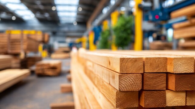 Timber Processing Factory with Saw Lines and Stacked Lumber in Industrial Setting