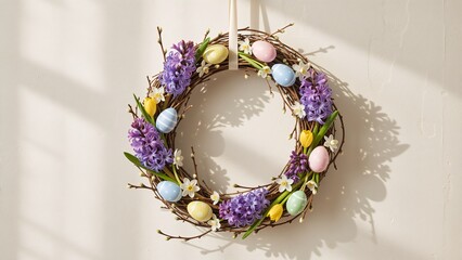 Decorative Easter wreath with pastel eggs and spring flowers hanging on a white wall. Hyacinths and tulips floral arrangement. Holiday background with copy space