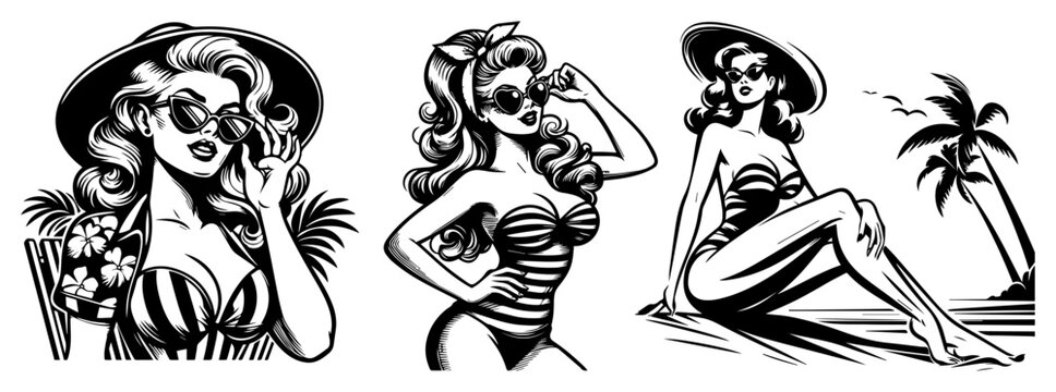 Retro pin-up girl on beach, woman in bikini and sunglasses, vintage summer fashion sketch