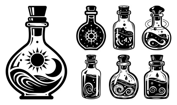 Magic potion bottle set, alchemy glass flasks with celestial symbols, fantasy witchcraft elixir vector illustration