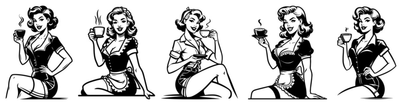 Retro waitress woman holding coffee cup set, vintage pin-up girl drinking tea, 50s diner fashion sketch