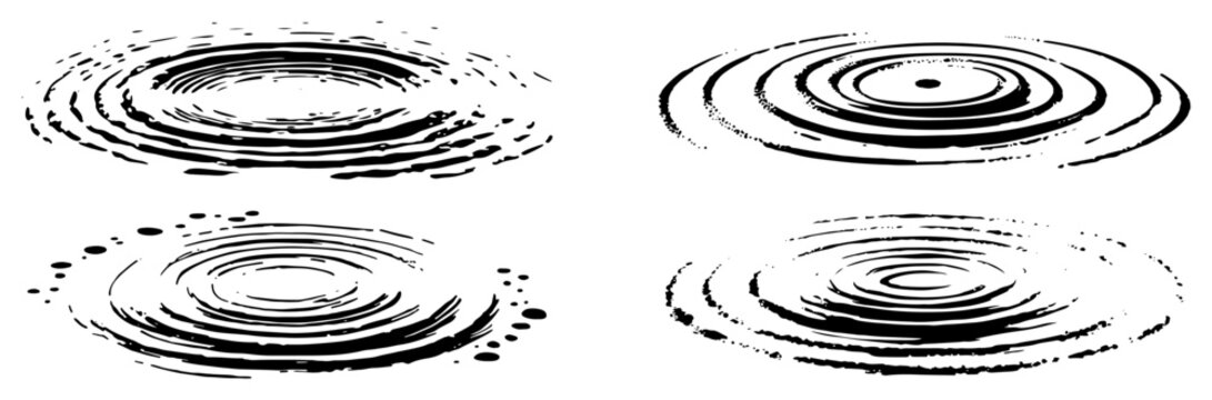 Water ripple splash silhouette set, liquid drop circles and concentric wave rings, simple black vector illustration