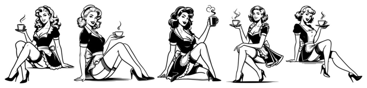Retro pin-up waitress sitting with coffee set, vintage diner girl in uniform holding cup, 50s fashion sketch