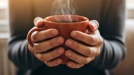 Hands holding steaming ceramic coffee mug closeup