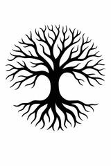 Vintage nature art design featuring a black tree silhouette with roots and a majestic eagle bird with wings in a vector illustration tattoo pattern element