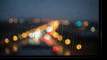 Fototapeta premium Rain drops on glass window with bokeh city lights