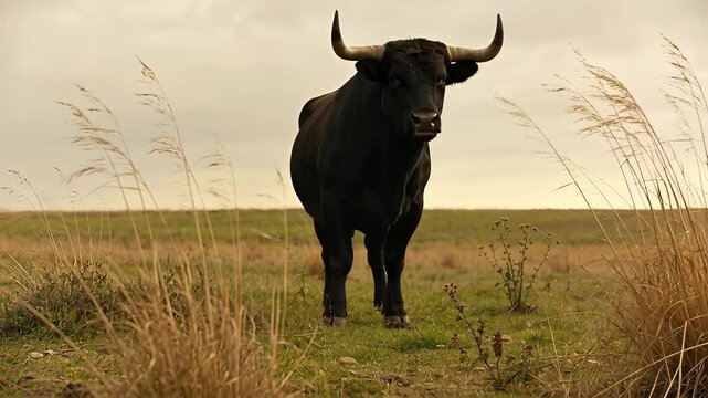 Majestic Black Bull Standing Tall in a Vast Golden Field Under a Cloudy Sky.