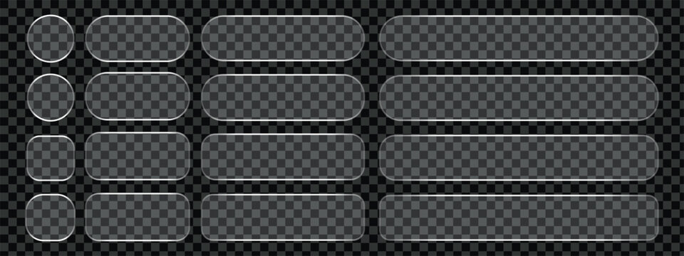 3D liquid glass buttons with a transparent neon holographic effect, isolated on a dark background. Render of liquid glass frame, UI UX elements for phone app or game interfaces. 3D tech digital vector