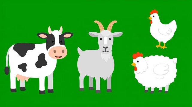Cartoon farm animals set in flat vector style on green background