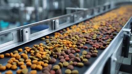 Fototapeta premium Colorful pet food kibble on a conveyor belt in a modern manufacturing facility.