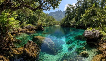Fototapeta premium Lush jungle surrounds crystal-clear turquoise pool with rocky outcrops