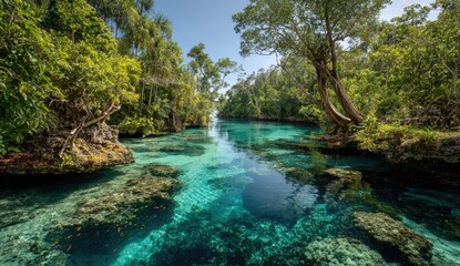 Fototapeta premium Lush jungle canopy frames a crystal-clear turquoise river with coral reefs below