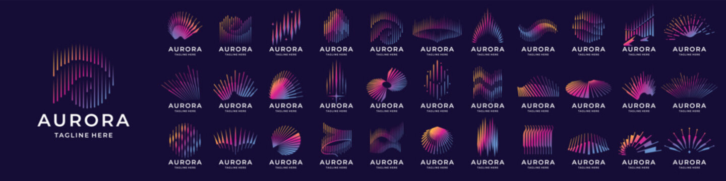 mega collection set aurora logos. aurora borealis big bundle abstract shape modern color branding.