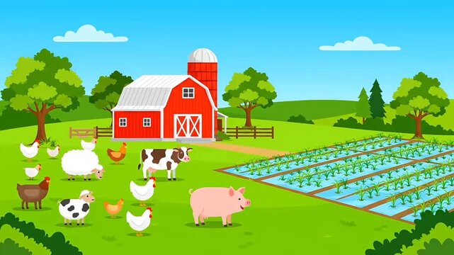 Rural agriculture illustration with farmhouse barn and livestock