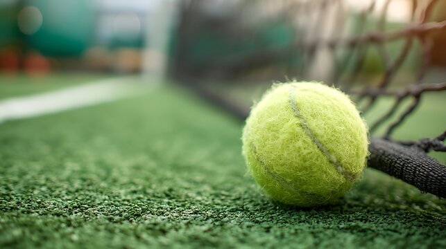 A fuzzy tennis ball lying by the net on a textured green court, capturing the essence of tennis and athleticism for sports content.