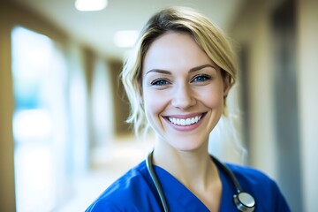 A radiant and confident medical professional smiling brightly in a bright clinical setting, showcasing the warmth and compassion of healthcare service.