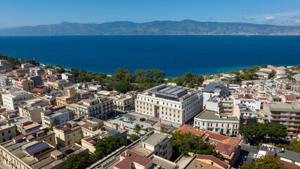 Fototapeta premium Aerial view of the building that houses the National Museum of Magna Graecia, located in Reggio Calabria, Italy. It is a National Archaeological Museum located in center, near the seafront of the city