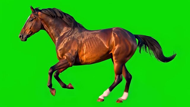 Brown horse animal galloping running side profile view isolated green screen background chroma key animation visual effects compositing studio design concept
