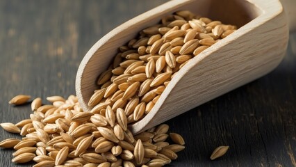 Wheat grains spilling from a wooden scoop on a rustic dark brown wood table surface perfect for Barley Month