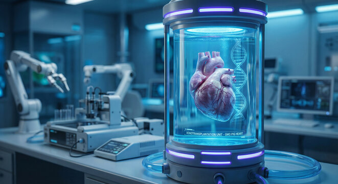 Genetically modified pig heart for xenotransplantation in sterile medical container