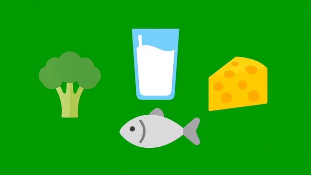 Flat vector food icons on green background: dairy, fish, broccoli and leafy greens