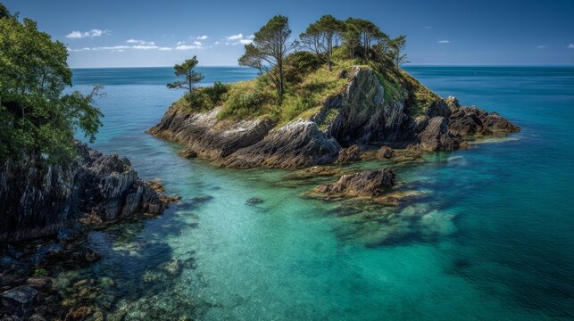 A stunning island surrounded by clear blue waters. The lush greenery contrasts beautifully with the rocky shore. Perfect for travel photography and nature lovers.  - Powered by Adobe
