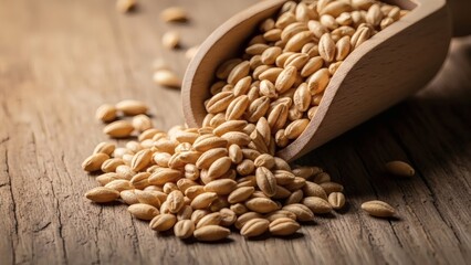 A wooden scoop pouring wheat grains onto a rustic wooden surface with some grains scattered around perfect for Barley Month