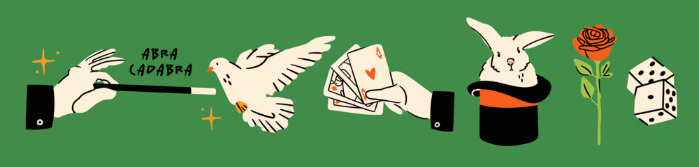 Magician's elements, tools for magic tricks. Professional illusionist equipment: hat with rabbit, magic wand, playing cards, flower, dove, dice. Hand drawn Vector illustration. Isolated cliparts © Dariia