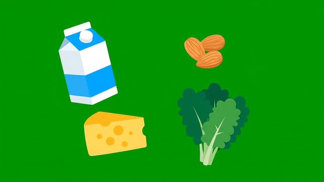 Flat vector food icons on green background: dairy, fish, broccoli and leafy greens