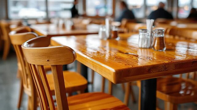 Wooden Furniture: A view of an inside restaurant's polished wooden tables and chairs. The setting shows a focus on clean simplicity and inviting warmth.